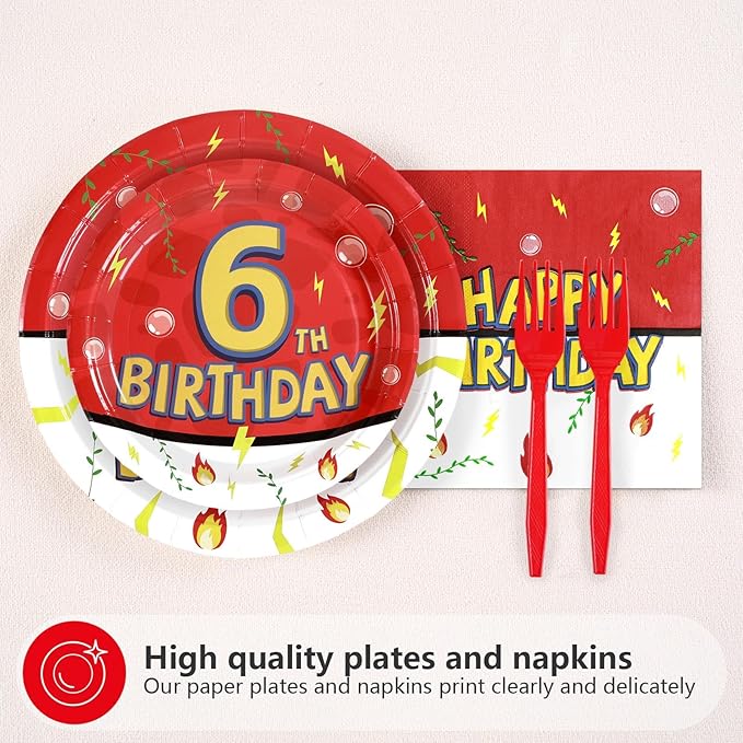 Grencian 96Pcs Happy 6th Birthday Party Supplies Cartoon Anime Themed Paper Plates and Napkins Tableware Sets Red and White Decoration for 6 Year Old Birthday Kids Children Party Serves 24