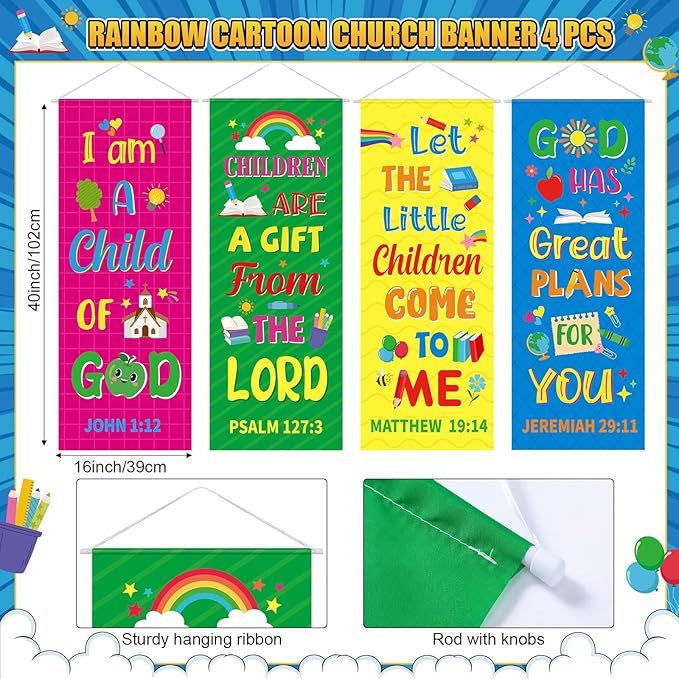 Panelee 4 Pcs Church Banners for Sanctuary Wall Rainbow Cartoon Church Banners with Scripture Inspirational Religious Praise Bible Verses Hanging Backdrop Signs for Sunday School Worship Decoration