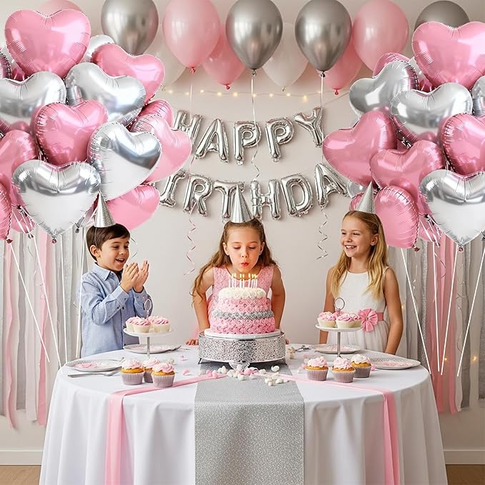 TONIFUL 30Pcs 18 Inch Silver Pink Balloons Heart Shape Foil Mylar Banners Decoration for Birthday Valentine's Day Wedding Bridal Shower Anniversary Engagement Party Supplies