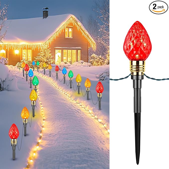 Brightown 2 Pack Strawberry C9 Christmas Pathway Lights Outdoor - Total 34.8 Feet 20 LED Christmas Walkway Light, Christma Lights Outdoor Decorations for Yard Lawn Holiday Outside, Multicolor