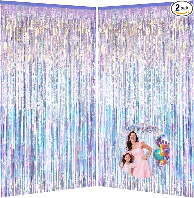 Iridescent Party Decorations Fringe Backdrop, Sparkling Holographic Foil Fringe Tinsel Curtains for Frozen Mermaid Birthday Party Decor - 3.28x6.56ft 2 Packs
