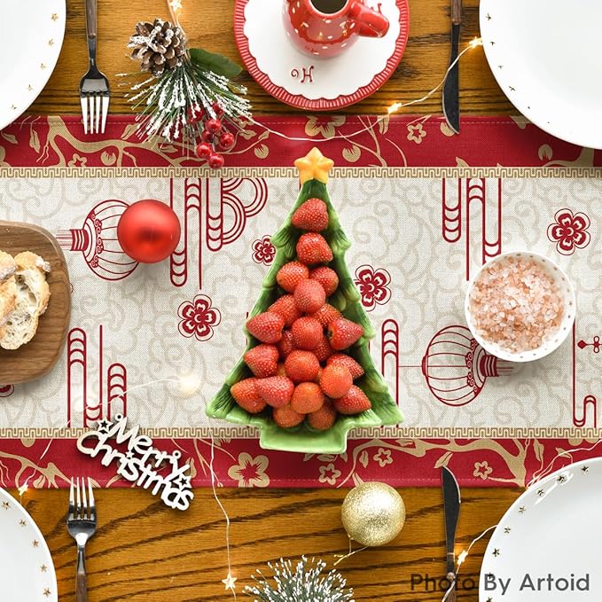 Artoid Mode Paper Cutting Style Chinese Zodiac Horse Happy 2026 Lunar New Year Table Runner, Spring Festival Winter Kitchen Dining Table Decoration for Home Party 13x108 Inch