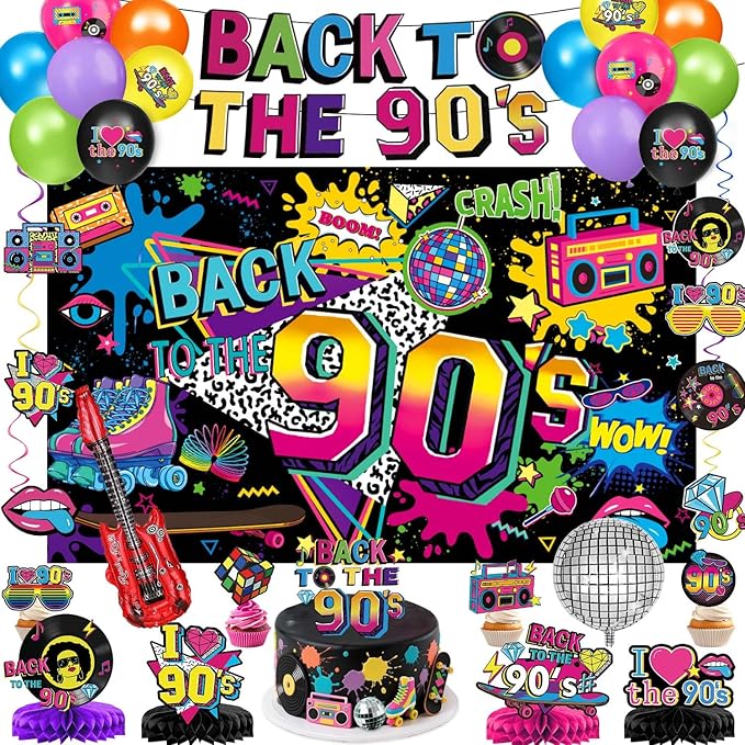 90s Party Decorations Includes 90's Backdrop, Foil & Latex Balloons, Cake & Cupcake Toppers, Honeycomb Centerpieces Banner, Hanging Swirls for 80s 90s Party Decorations