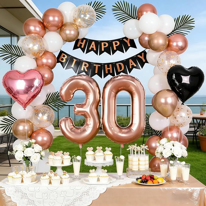 30th Birthday Decorations for Women - Rose Gold, Black and Hot Pink Party Supplies Set with Happy 30th Banner, Number 30 Balloons and Foil Fringe Curtains - 30 Year Old Celebration Kit