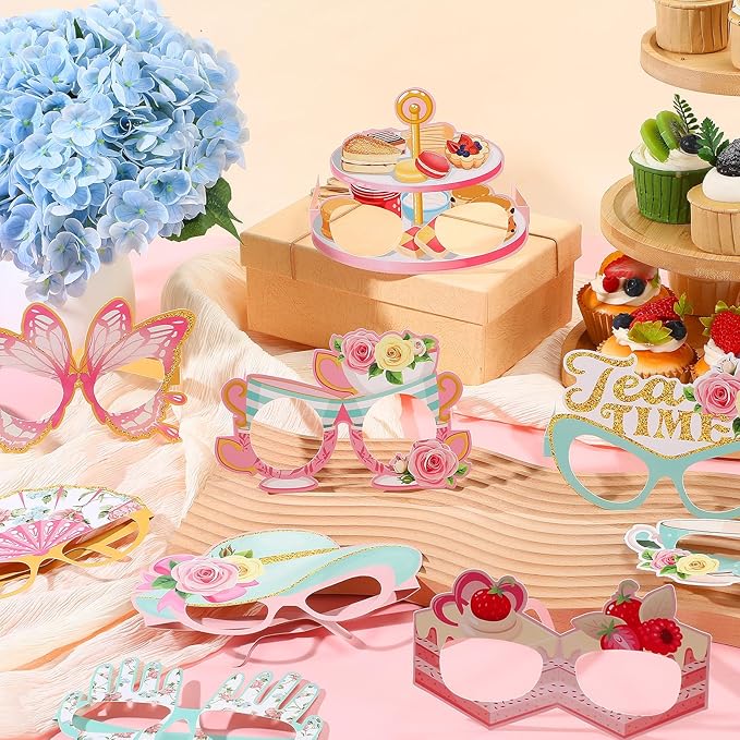Pajean 32 Pcs Tea Party Decorations Eyeglasses Tea Time Themed Paper Glasses Supplies Floral Photo Booth Props Frame for Garden Floral Bridal Shower Birthday Party Decor Favors Supplies