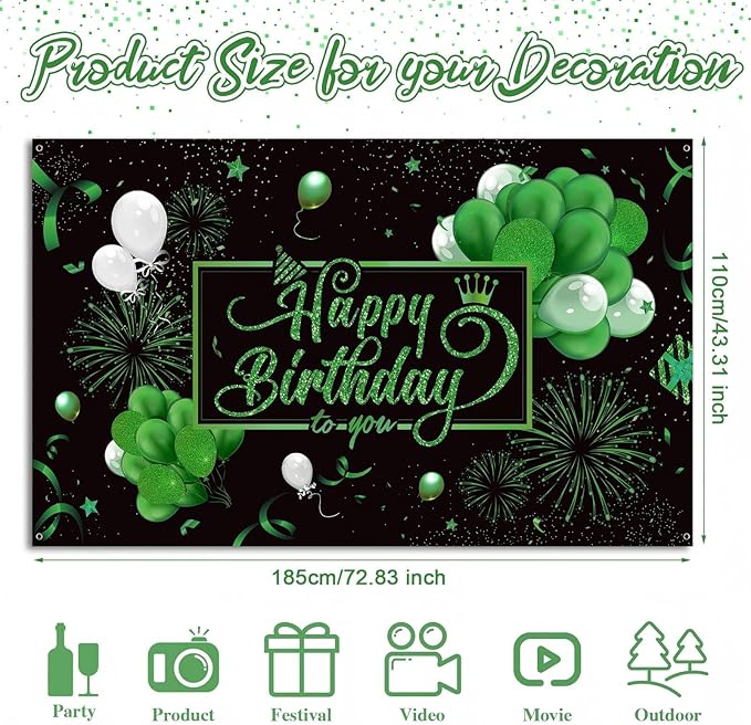 Blulu Happy Birthday Backdrop Banner Sign Poster Large Fabric Glitter Balloon Fireworks Sign Photo Backdrop Background for Birthday Party Decoration Supplies, 72.8 x 43.3in(Green)