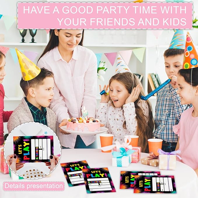 Let's Play Birthday Invitations, Colorful Splatter Design Party Invites for Boys Girls Teen Celebration, 20 Count Double Sided Cards with Envelopes, 4 x 6 Inch