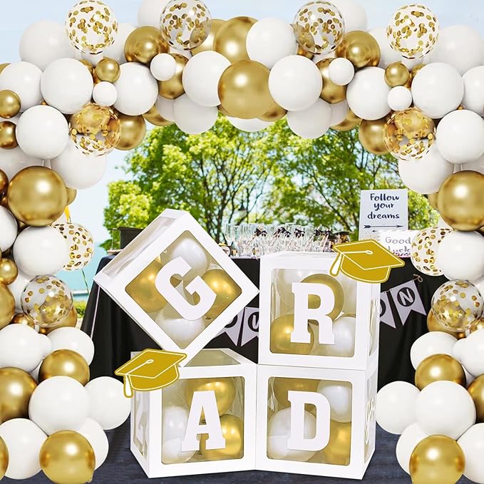 DAZONGE 2026 Graduation Party Decorations - Set of 4 Graduation Boxes with 139pcs Balloons Arch Garland Kit & 4 Light Strings - So Proud of You Class of 2026 Decorations for Any Grades