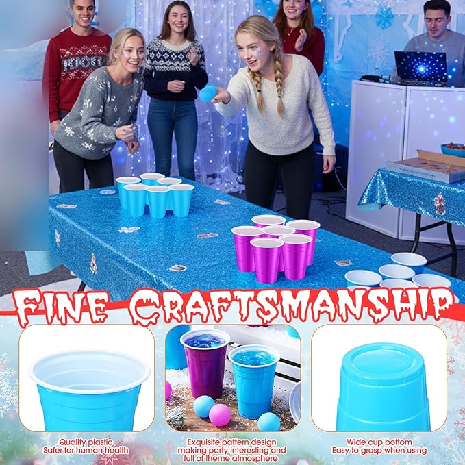 32 Pcs Winter Game Set Include 16oz Purple Blue Plastic Cups with 8 Balls, Cups for Party Decor Juice Beverage Outdoor Toss Veterans Day Supplies