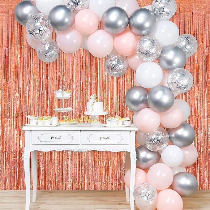 Tinsel Foil Fringe Curtain, 2 Pack Metallic Tinsel Curtain Backdrop for Party Decorations, Large Glitter Streamer Backdrop for Birthday Wedding Christmas Photo Booth (Rose Gold)