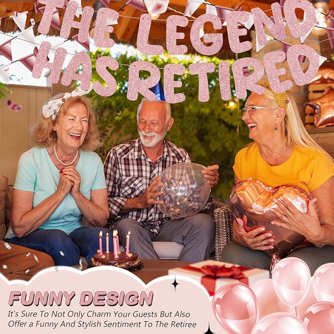Fulmoon Pre Strung the Legend Has Retired Glitter Banner 9.8 ft Retirement Banner Retirement Party Decorations Garland Bunting for Men Women Gifts, No DIY(Rose Gold)