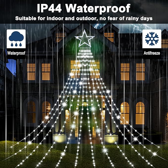 Onory Christmas Outdoor Star String Lights 23FT 860 LED Waterproof Waterfall Tree Lights with Star Topper, 8 Modes Christmas Decorations Outdoor Tree Lights for Patio, Yard, Party Holiday Dec
