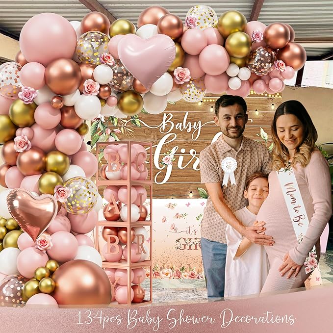 Floral Baby Shower Decorations for Girl, Rose Gold Baby Shower Party Supplies, Baby Boxes, Mom to Be Sash and Dad to Be Pin, Pink Balloon Arch Backdrop Tablecloth Heart Foil Balloon
