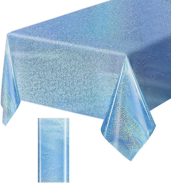 1 Pack Light Blue Iridescent Plastic Tablecloth Disposable 54 × 108 Inch Glitter Holographic Foil Table Cloth Plastic Laser Rectangle Table Cover for Birthday Wedding Disco Party