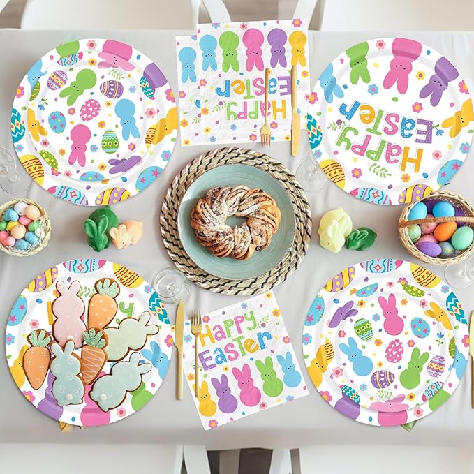 Easter Paper Plates and Napkins Sets,144pcs Bunny Egg Happy Easter Tableware Supplies Disposable Easter Themed Birthday Party Plates Napkins Cups for Spring Themed Decor