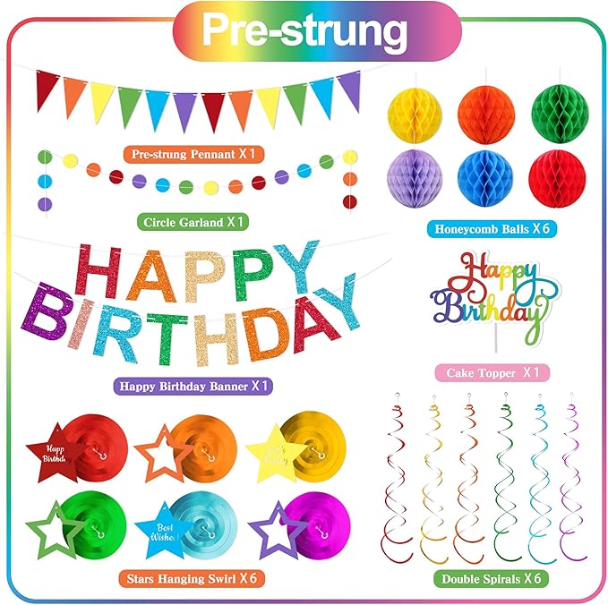 Rainbow Birthday Decorations Pre-Strung Happy Birthday Banner for Girls Women Boys Birthday Banners with Pennant Honeycomb Balls Cake Topper Stars Hanging Swirl Streamers Circle Dots Garland