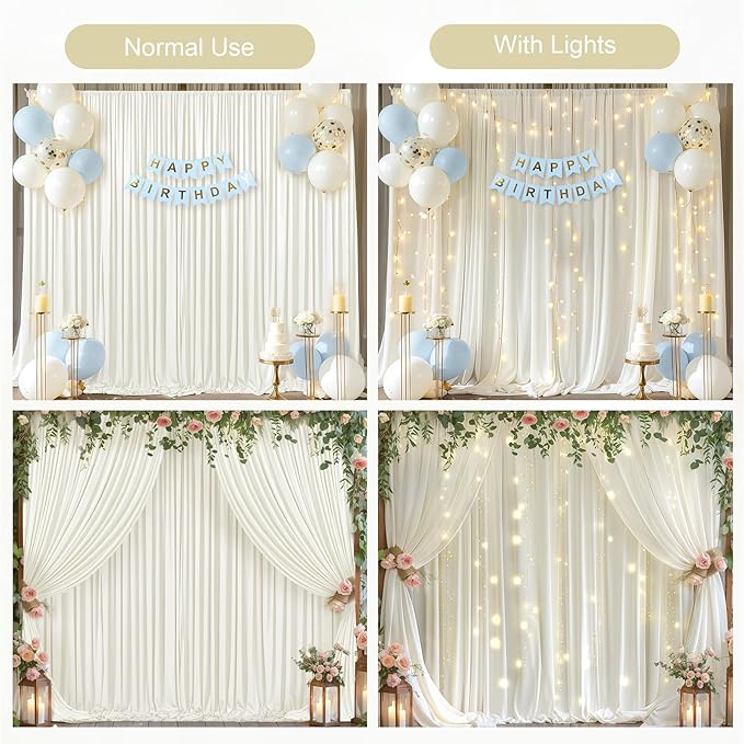20x10FT Cream White Backdrop Curtains with Lights for Parties,Wrinkle Free Wedding Photo Backdrop Curtains for Baby Shower Birthday Ceremony Reception Home Party Decorations-5ft x 10ft,4 Panels