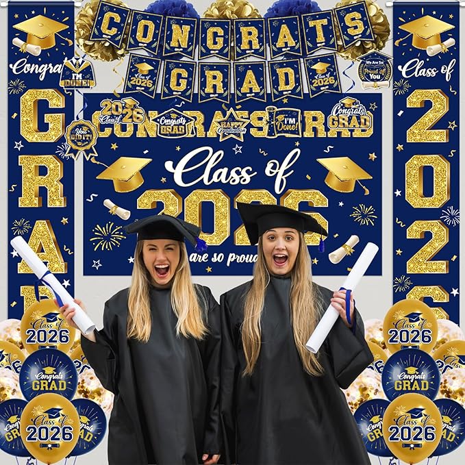 2026 Graduation Decorations - Navy Blue Congrats Grad Party Supplies include Card Box, Backdrop, Banner and Balloons for Class of 2026 Decorations Set