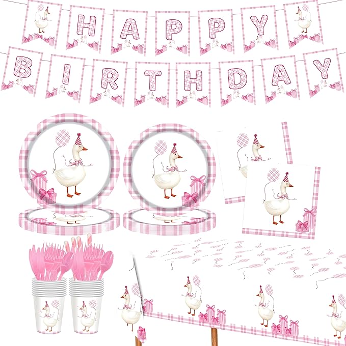 194 Pcs One Silly Goose Birthday Decor for 24 Guests - Pink Theme Party Supplies with Plates Napkins Cutlery Tablecloth and Banner, All-in-One Disposable Party Kit for Girls' Birthday