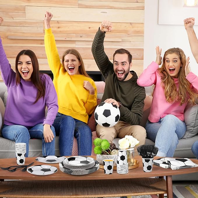 Kochorie 144 Pieces Soccer Party Tableware Sets Including Disposable Plates Napkins Cups Forks Serves 24 for Soccer Games Sports Birthday Party Supplies