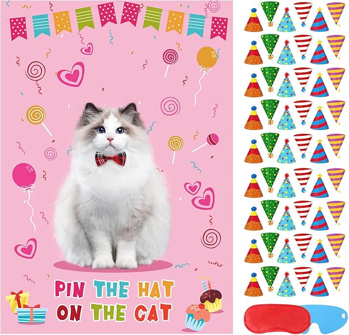 Pin The Hat On The Cat Party Game Cat Birthday Party Games for Kids, Cat Birthday Party Supplies Decorations for Girls Boys, Large Pin The Tail Poster with 54 Hat Stickers