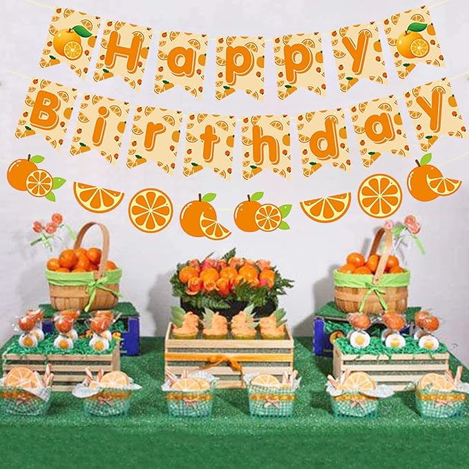 Zwiebeco Orange Happy Birthday Party Decorations Sign Banner Bunting Garland Hanging Paper Kit for Girl Women Kid Adult Summer Fruit Themed Accessories Supplies