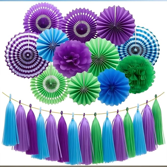 Blue Green & Purple Paper Tassel Garland Banner - Vibrant Tri-Color Handmade Paper Tassels for Party Decorations, Wedding Backdrop, DIY Crafts (30-Pack)