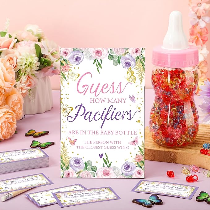 Syhood Butterfly Baby Shower Games Guess How Many Pacifiers Game Sign 50 Small Guessing Games 20 HB Pencils 750 ml Milk Bottle 400 Acrylic Pacifiers Decorations Guests Gender Reveal Party Favors
