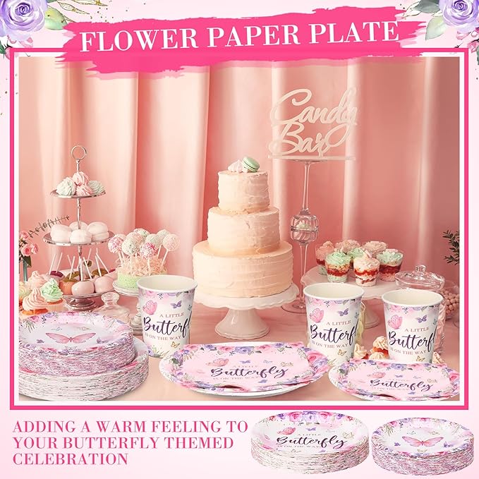 250 Pcs Butterfly Baby Shower Party Tableware Set a Little Butterfly Is on the Way Baby Shower Decorations Pink Purple Floral Paper Plates Napkins and Cups for 50 Guest(Cute Style)
