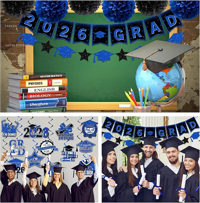 Blue Graduation Decorations, 2026 Grad Banner and Congrats Grad Hanging Swirls, Blue and Black Banner Graduations Hanging Swirls College Graduations Party Decorations Class of 2026