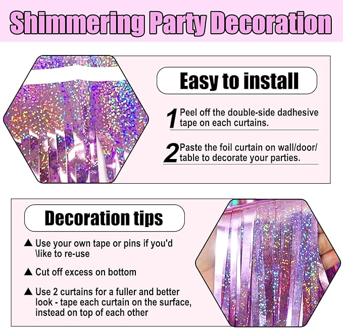 3 Pack Pink Foil Fringe Curtain Backdrop, 3.28Ft x 8.2Ft Metallic Tinsel Foil Fringe Streamer Curtains for Photo Booth, Mother's Day, Easter, Birthday, Wedding Party Decorations