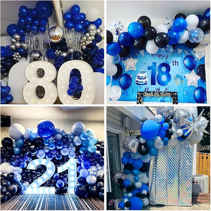Blue Black and White Balloon Arch Kit, Navy Dark Royal Blue White Black Balloon Garland Kit with Metallic Silver Latex Balloons Explosive Star Foil Balloons for Graduation Gaming Birthday Party Decor