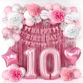 10th Birthday Decorations for Girls Pink Number 10 Balloon Bow Coquette Happy Birthday Banner Fringe Curtain Paper Pom Poms Star Heart Foil Pink White Balloons 10 Year Old Party Decor