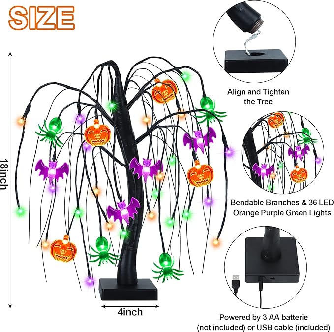 Halloween Table Decor 18 Inch 36 LED Halloween Willow Tree with Pumpkin Bat Spider Lights, Timer/USB/Battery Operated Black Halloween Tree Spooky Halloween Decorations Indoor for Home Party Room Gifts