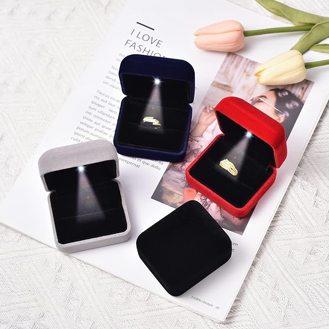 Velvet Metal Glossy with LED Jewelry Gift Box for Proposal, Engagement, Wedding - Easy to fit into Your Pocket or Handbag - Grey