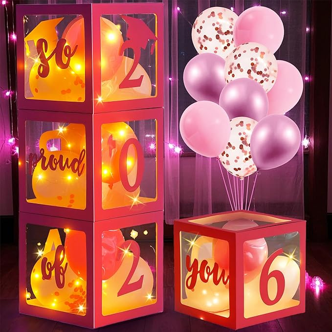 AYGXU Graduation decorations class of 2026 pink- Graduation Decorations, Balloons Box (4PCS) with letters&balloons,2026 balloons,LED String Light,graduation party decorations