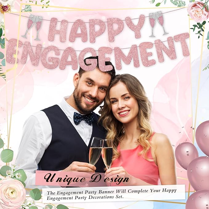 Breling Pre Strung Happy Engagement Banner Glitter Engagement Party Decorations for Congratulations Engaged Wedding Shower Signs Decor(Rose Gold)