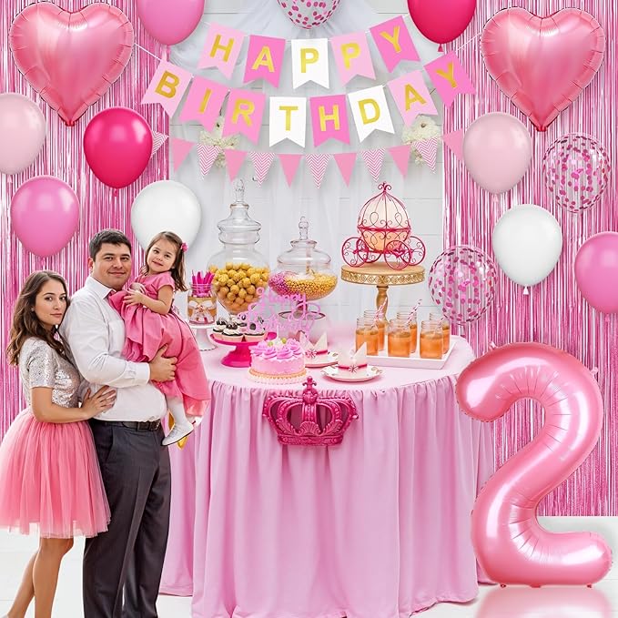 2nd Birthday Decorations for Girls, Hot Pink Balloons with Happy Birthday Banner, Fringe Curtain, Cake Topper, Glue, Ribbon