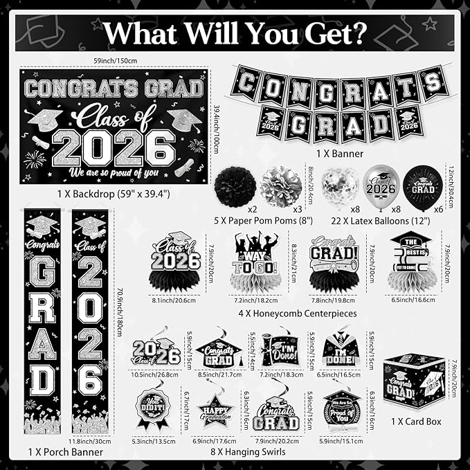Black and Silver Graduation Decorations 2026 Set, All-in-1 Kit with Congrats Grad Banner Class of 2026 Backdrop Porch Sign Balloons Centerpieces Card Box Pom Poms Streamers for College High School