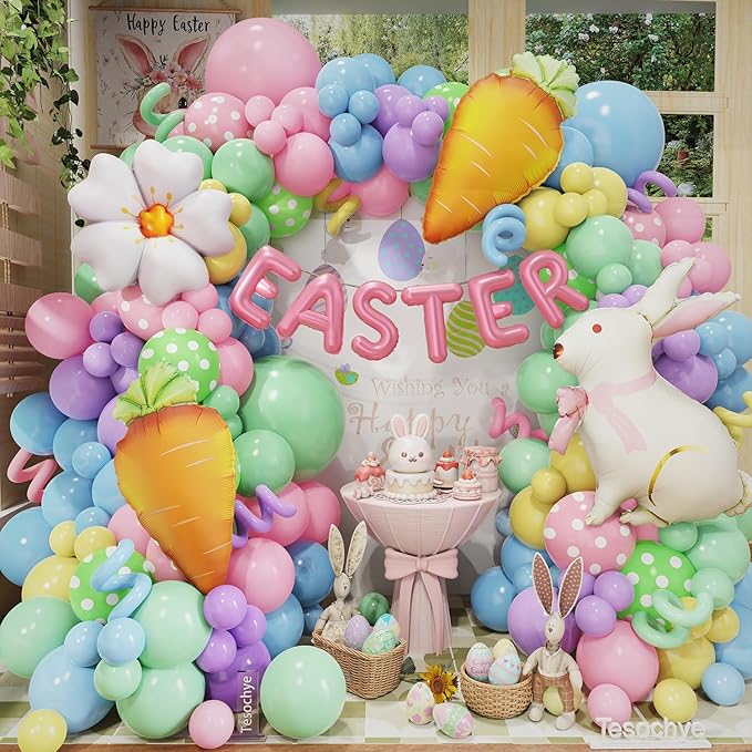 Easter Balloon Garlan Arch Kit with Bunny, Carrot, Daisy Foil Balloons,Pastel Balloon Garland Kit,Dot Printed Balloons for Easter Party Decorations Spring Birthday Decorations