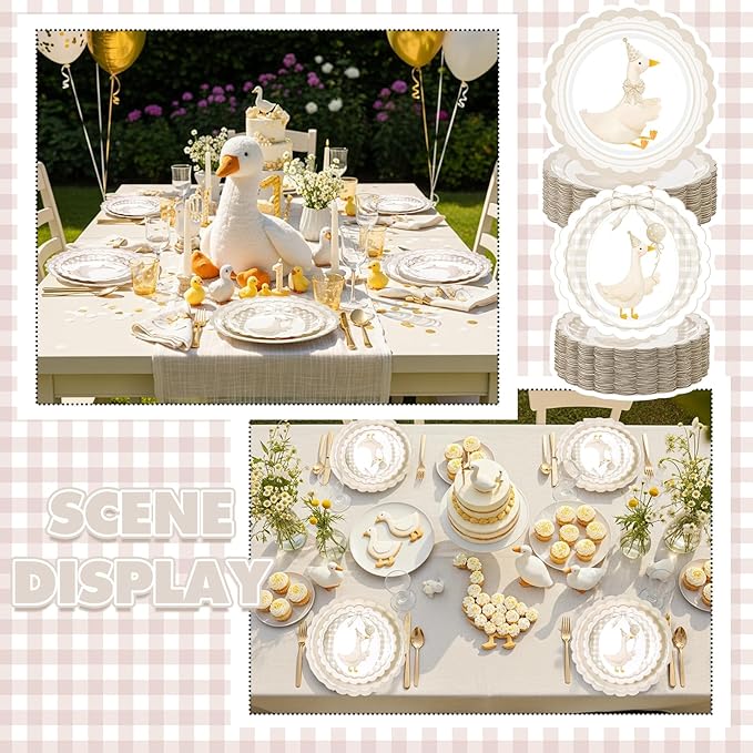 Zhehao 350 Pcs One Silly Goose Birthday Party Tableware Set Beige Scalloped Baby Shower Plates Cup Napkins Forks for Birthday Party Decorations Supplies for 50 Guests