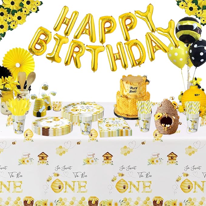 APOWBLS Bee 1st Birthday Party Supplies - Bumble Theme First Bee Day Birthday Decorations Dinnerware, Paper Plates, Cups, Napkins, Tableware Party Forks | Serve 24