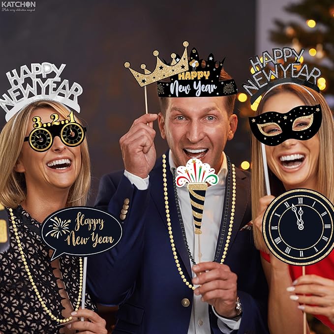 KatchOn, New Years Eve Party Favors - Pack of 74 | Happy New Year Glasses, Photo Props, Hats and Noise Makers | New Years Headband 2026, New Year's Eve Party Supplies for Happy New Year Decorations
