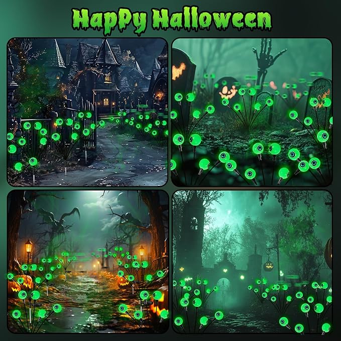 6 Pack Solar Eyeball Lights for Halloween Decorations Outdoor, 36 LED Green Eyeball Solar Halloween Lights, Waterproof Swaying Firefly Lights with 2 Modes for Pathway Patio Yard Lawn Garden Decor