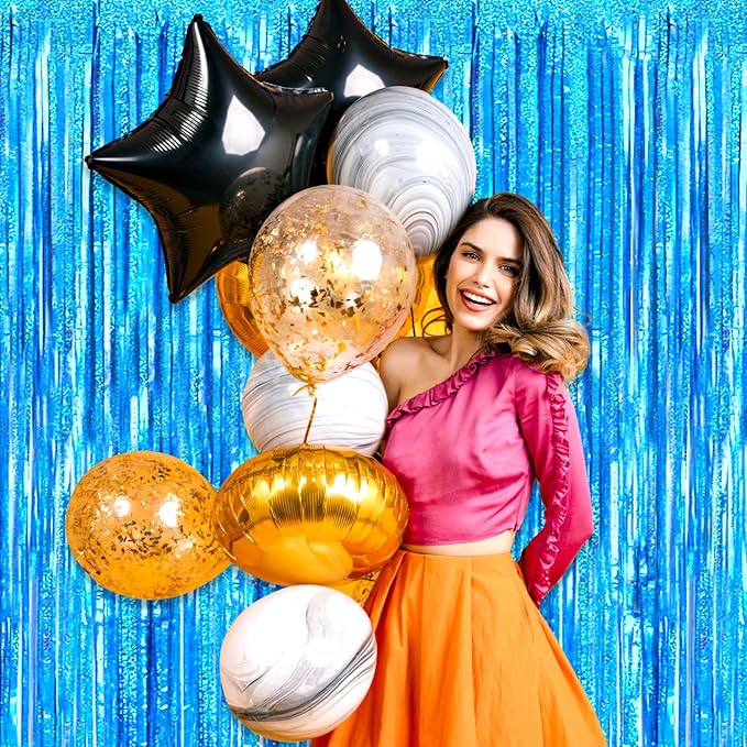 3 Pack Lake Blue Foil Fringe Curtain Backdrop, 3.28Ft x 8.2Ft Metallic Tinsel Foil Fringe Streamer Curtains for Photo Booth, Mother's Day, Easter, Birthday, Wedding Party Decorations