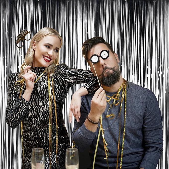 Black Tinsel Fringe Backdrop Curtains for Parties, Melsan 3.2 x 8 ft Black Streamer Photo Backdrop for Birthday, Graduations, New Year Eve Party Decor - Pack of 4