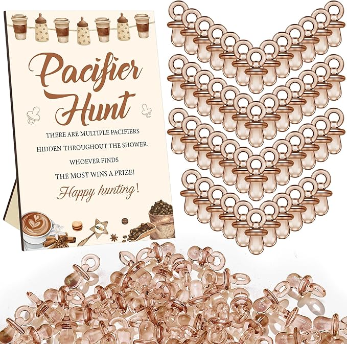 Thyle 51 Pcs A Baby Is Brewing Decorations Pacifier Hunt Coffee Theme Baby Shower Include Coffee Hunt Sign and 50 Acrylic Pacifiers Games Gender Reveal Party Supplies
