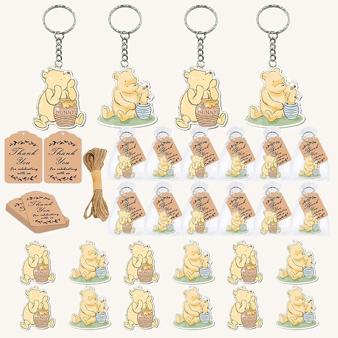 Winnie Baby Shower Decorations, 72 Pcs Winnie Party Favors, 24 Keychains, 24 Tags, 24 Gift Bags for Winnie Themed Baby Shower