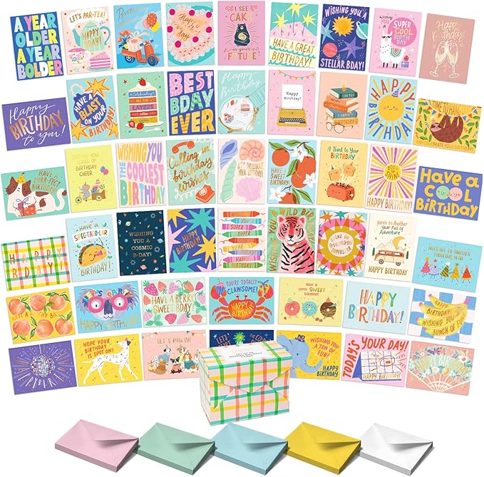 Sweetzer & Orange Happy Birthday Cards with Envelopes and Assortment Box – Variety Set of 50 Assorted Birthday Notes. Perfect Bulk Pack for Celebrations, Office, Friends & Special Occasions-4x5.5