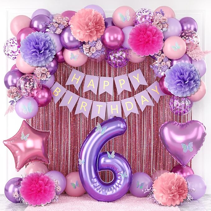 Pink Purple 6th Birthday Party Decorations for Girls Number 6 Balloon Happy Birthday Banner Butterfly Stickers Fringe Curtain Paper Pom Poms Metallic Hot Pink Star Foil Balloons 6 Year Old Princess